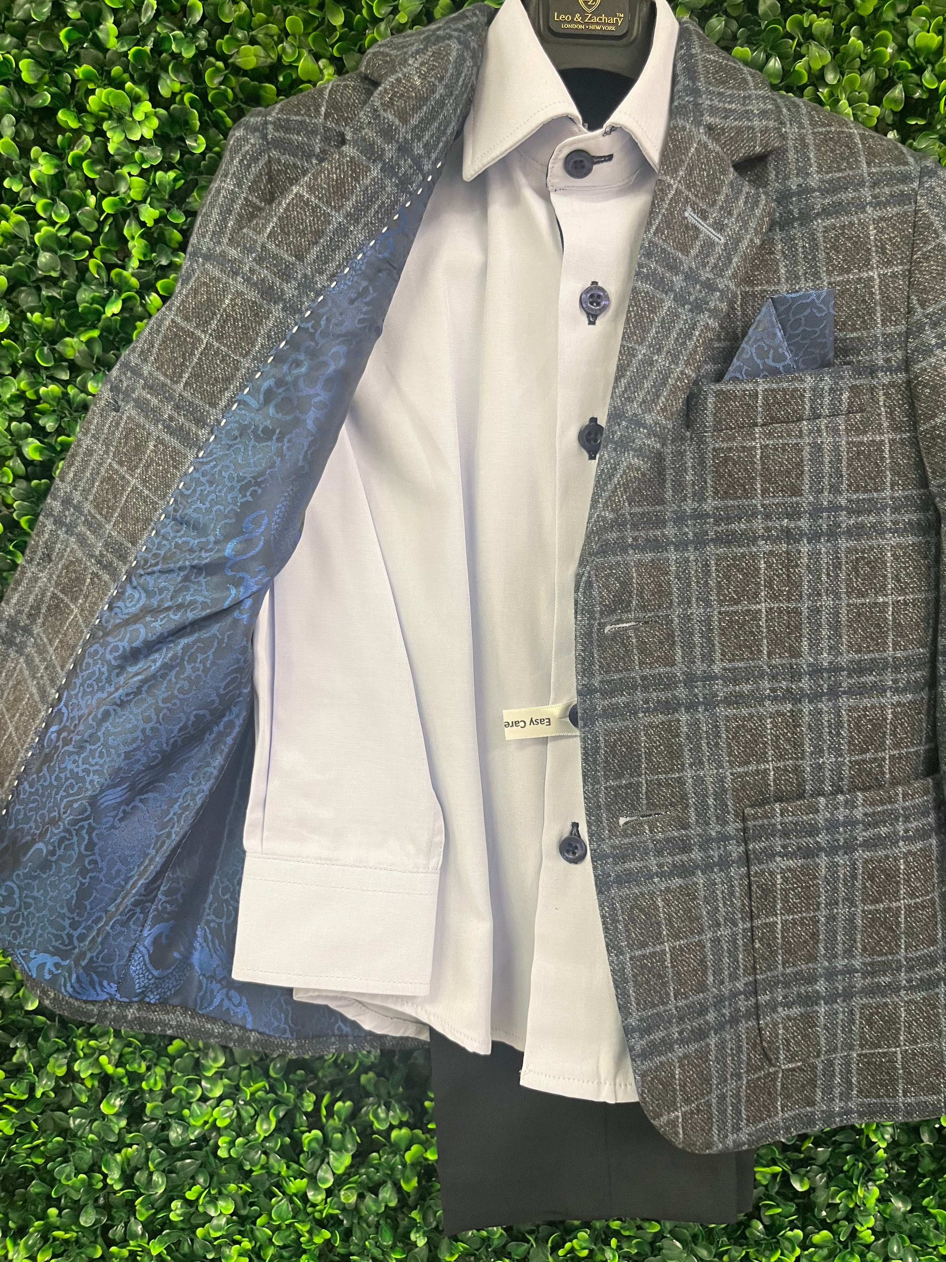Leo & Zachary Boys Blue and Grey Plaid 3 Piece Suit 5451 - Image 3